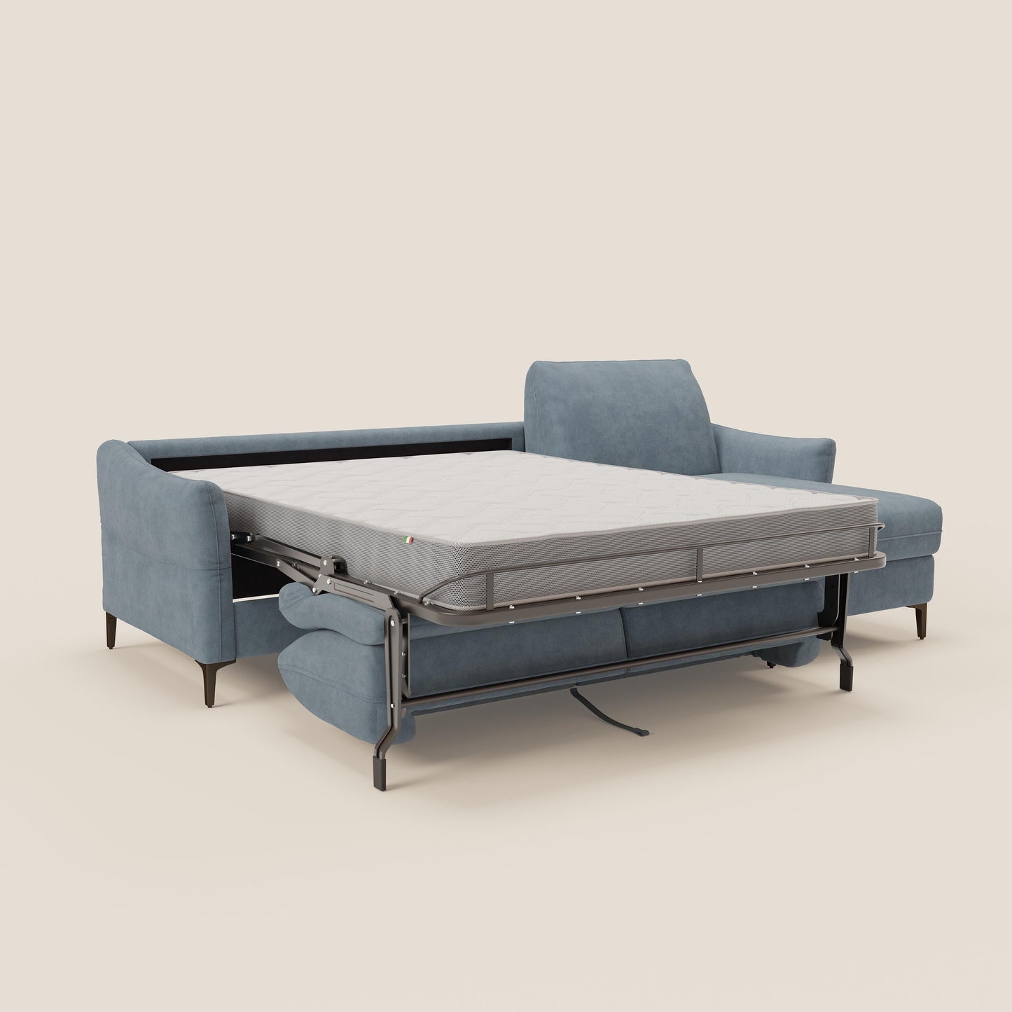 Dalia divano letto angolare con materasso alto 18 cm piedini alti e penisola contenitore in tessuto smacchiabile T17 carta da zucchero