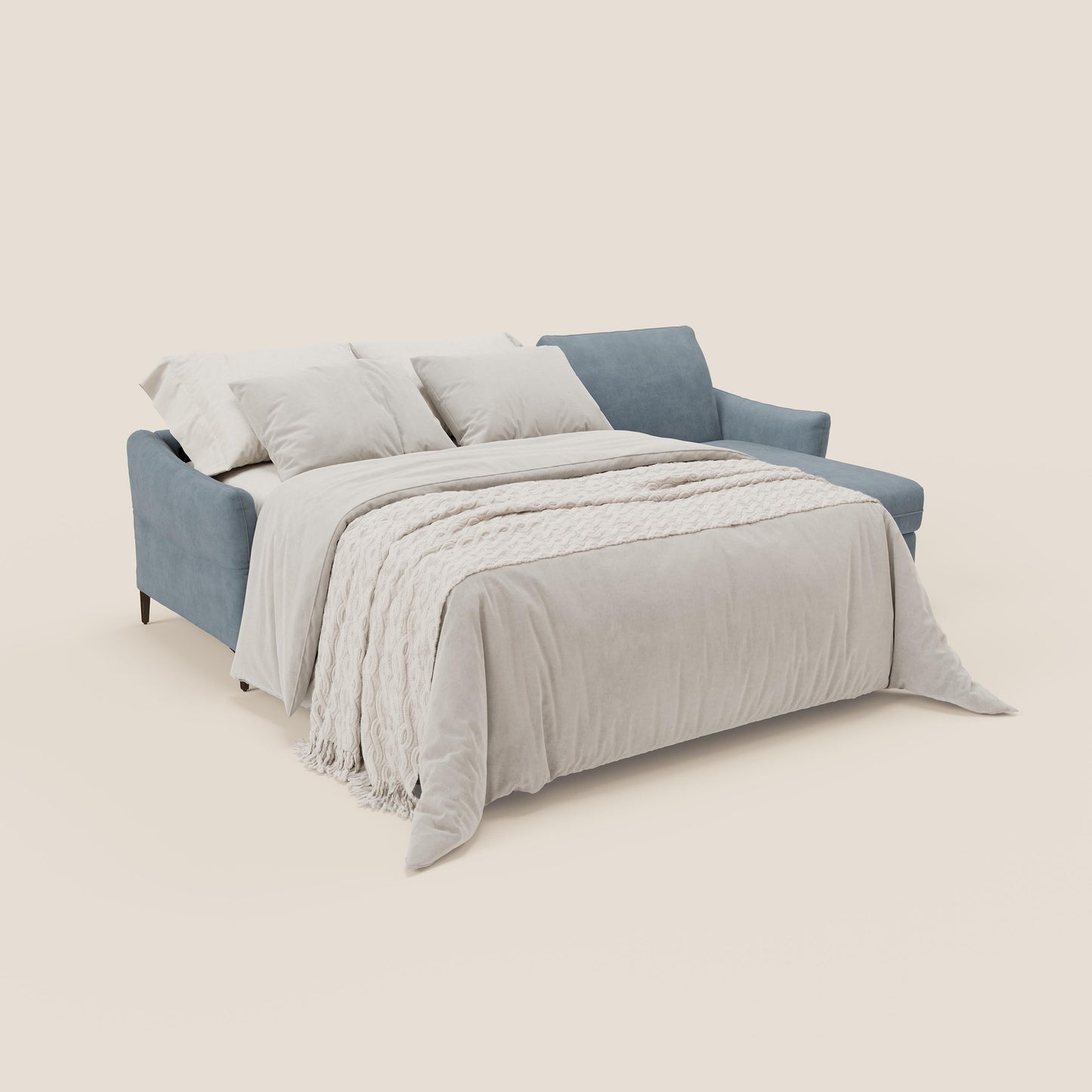 Dalia divano letto angolare con materasso alto 18 cm piedini alti e penisola contenitore in tessuto smacchiabile T17 carta da zucchero