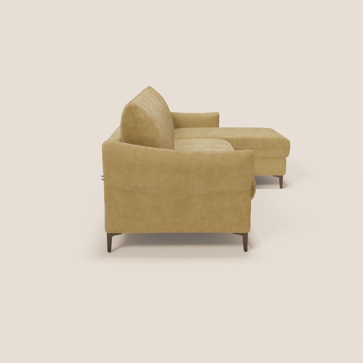 Dalia divano letto angolare con materasso alto 18 cm piedini alti e penisola contenitore in tessuto smacchiabile T17 giallo