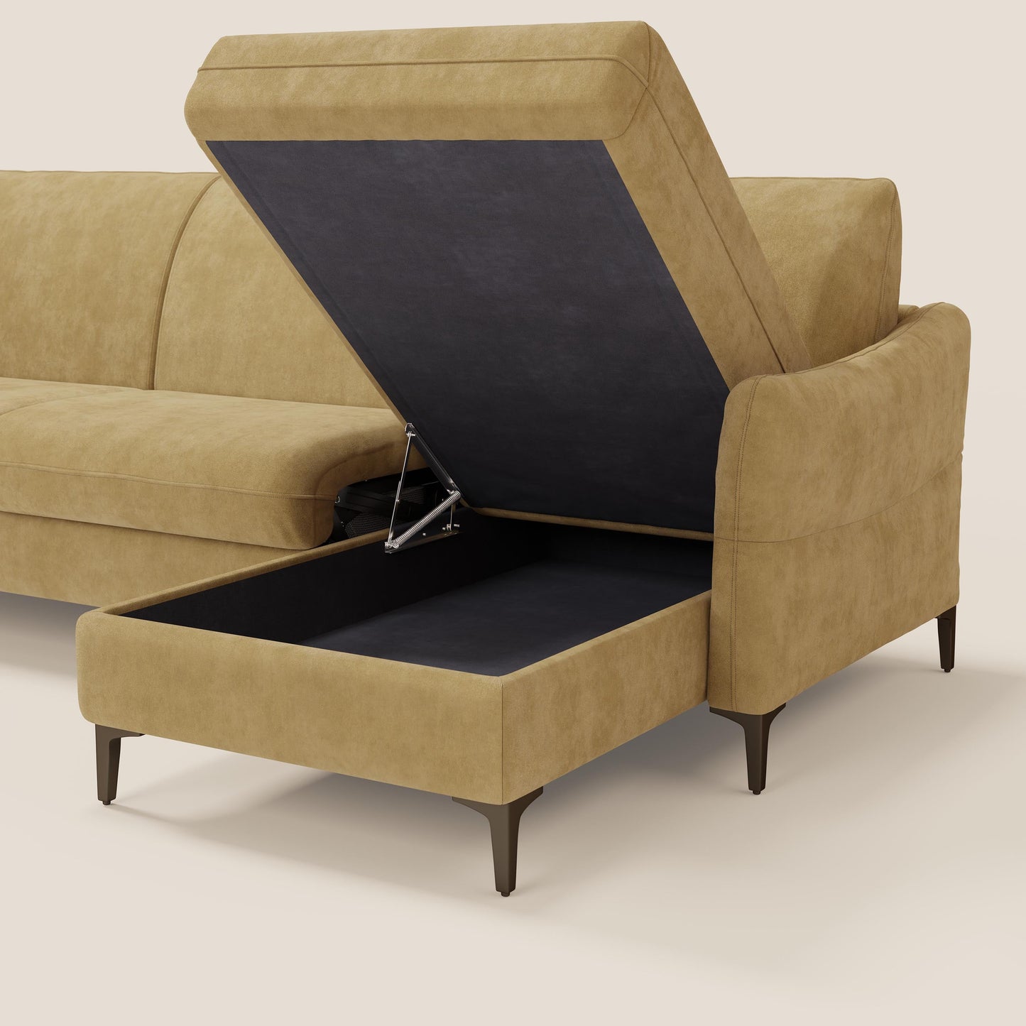 Dalia divano letto angolare con materasso alto 18 cm piedini alti e penisola contenitore in tessuto smacchiabile T17 giallo