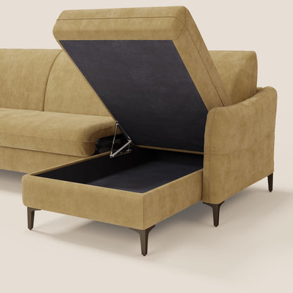 Dalia divano letto angolare con materasso alto 18 cm piedini alti e penisola contenitore in tessuto smacchiabile T17 giallo