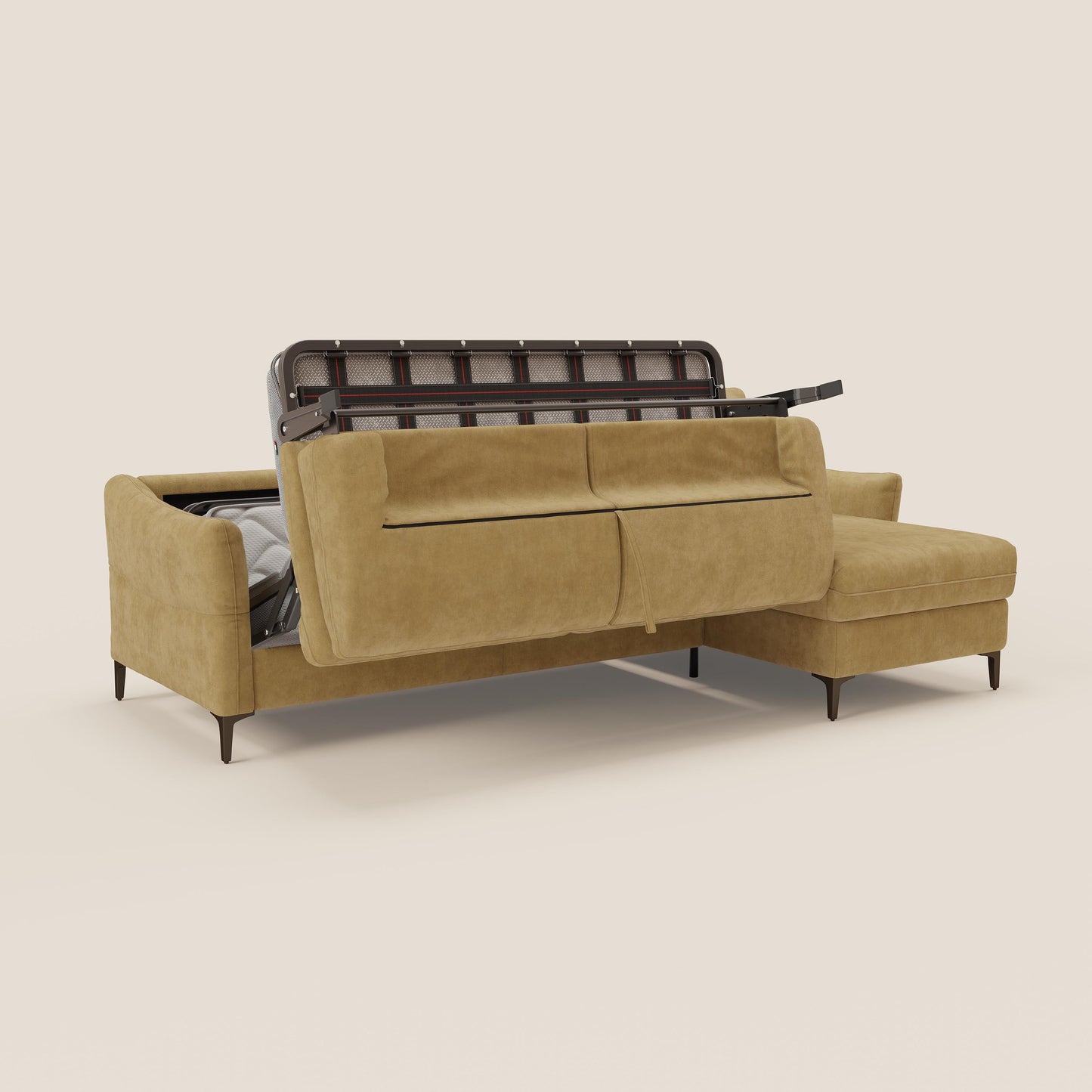 Dalia divano letto angolare con materasso alto 18 cm piedini alti e penisola contenitore in tessuto smacchiabile T17 giallo