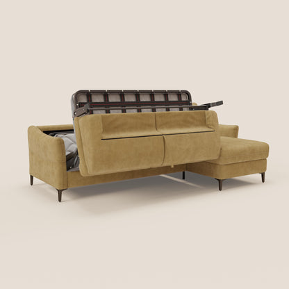 Dalia divano letto angolare con materasso alto 18 cm piedini alti e penisola contenitore in tessuto smacchiabile T17 giallo