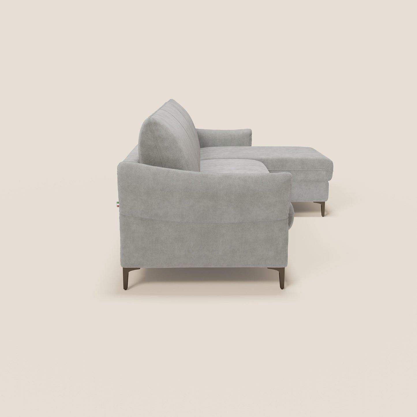 Dalia divano letto angolare con materasso alto 18 cm piedini alti e penisola contenitore in tessuto smacchiabile T17 grigio