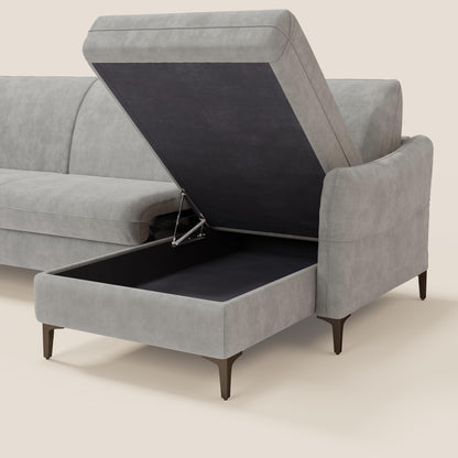 Dalia divano letto angolare con materasso alto 18 cm piedini alti e penisola contenitore in tessuto smacchiabile T17 grigio