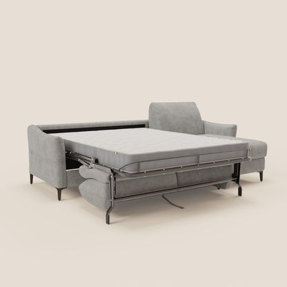 Dalia divano letto angolare con materasso alto 18 cm piedini alti e penisola contenitore in tessuto smacchiabile T17 grigio