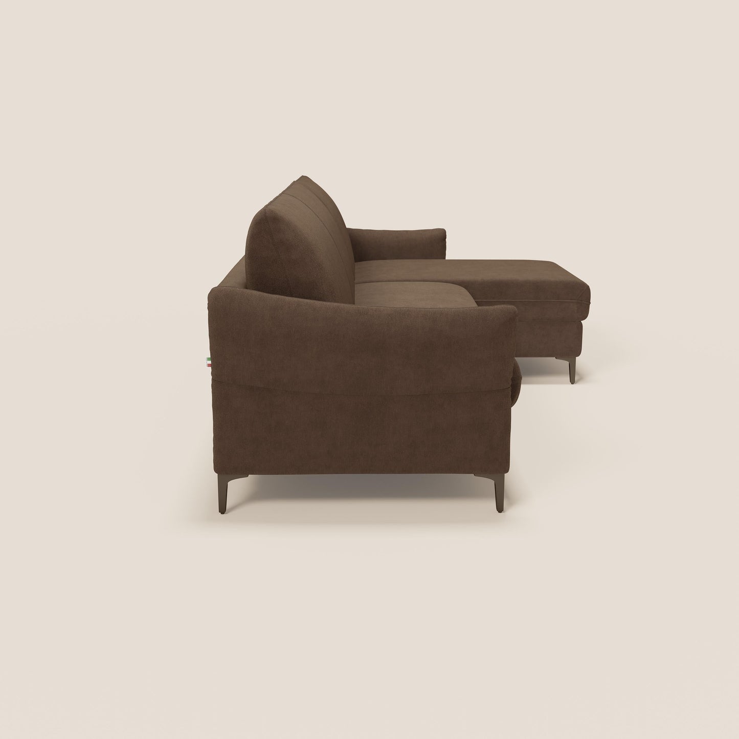 Dalia divano letto angolare con materasso alto 18 cm piedini alti e penisola contenitore in tessuto smacchiabile T17 marrone