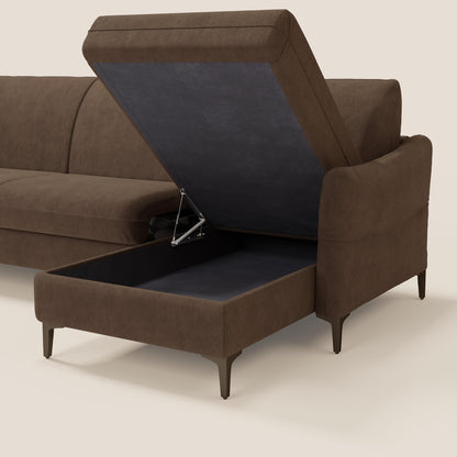 Dalia divano letto angolare con materasso alto 18 cm piedini alti e penisola contenitore in tessuto smacchiabile T17 marrone