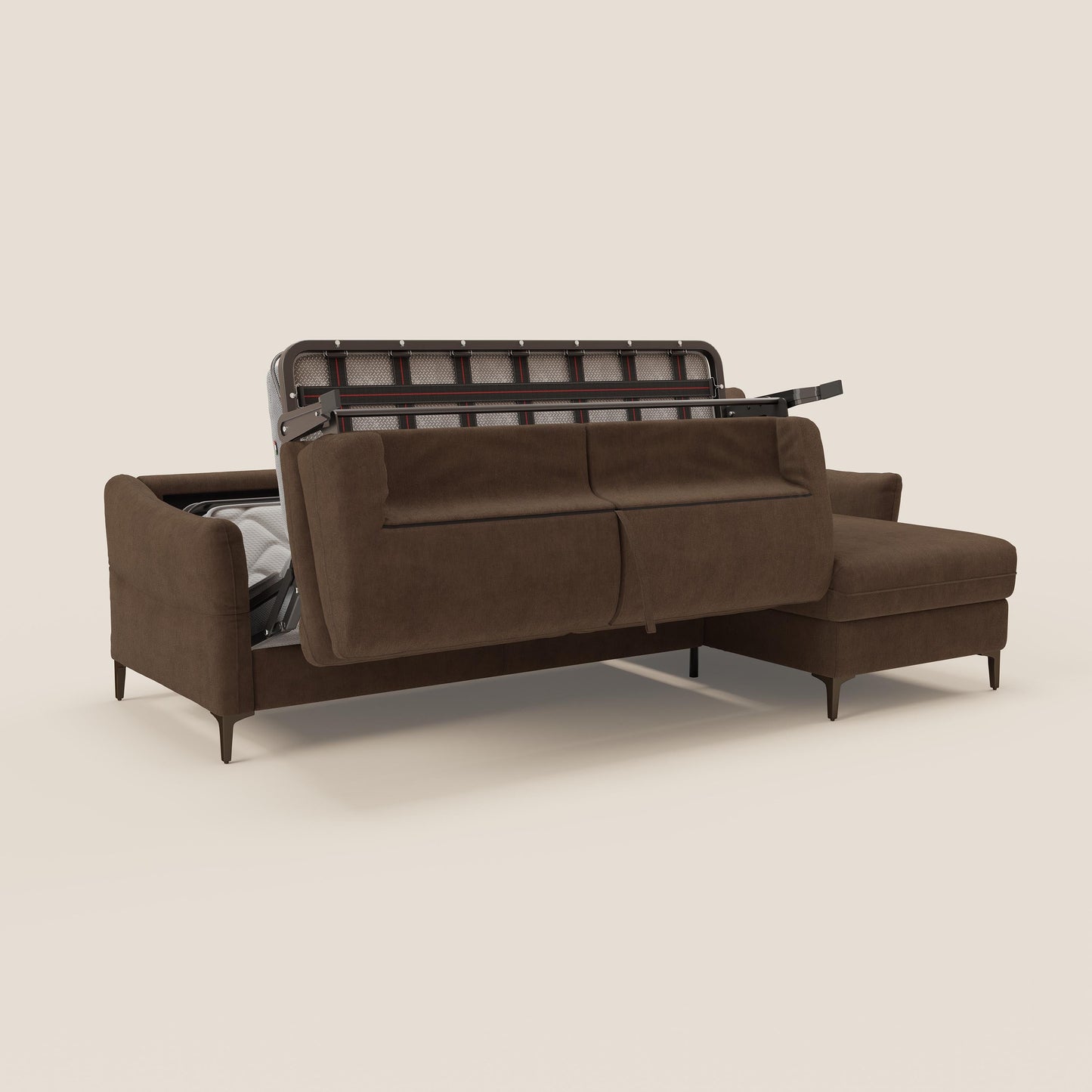 Dalia divano letto angolare con materasso alto 18 cm piedini alti e penisola contenitore in tessuto smacchiabile T17 marrone