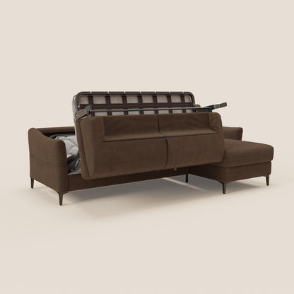 Dalia divano letto angolare con materasso alto 18 cm piedini alti e penisola contenitore in tessuto smacchiabile T17 marrone