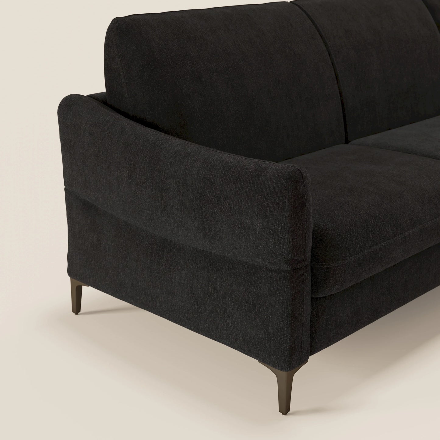 Dalia divano letto angolare con materasso alto 18 cm piedini alti e penisola contenitore in tessuto smacchiabile T17 nero