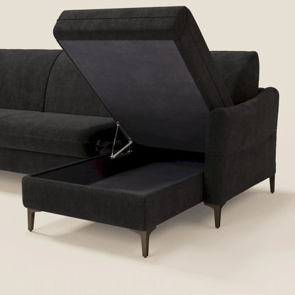 Dalia divano letto angolare con materasso alto 18 cm piedini alti e penisola contenitore in tessuto smacchiabile T17 nero