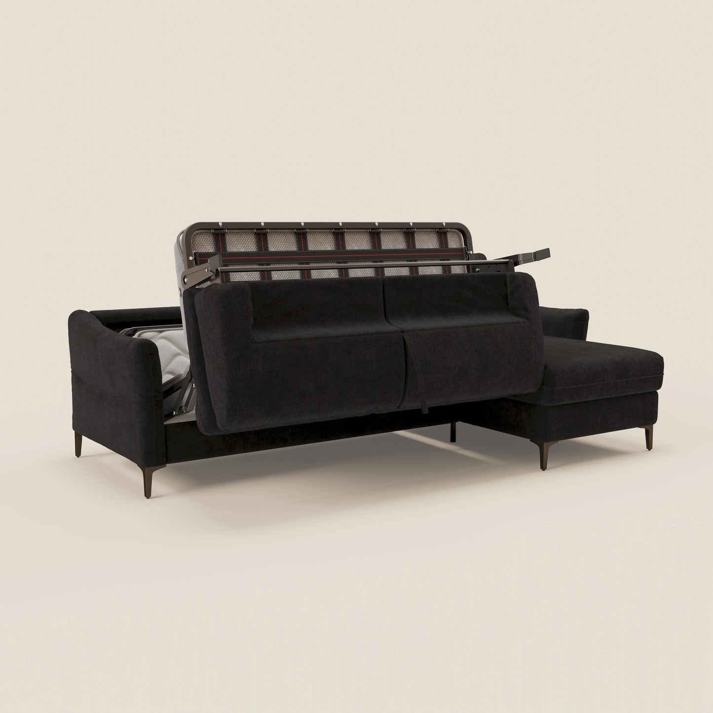 Dalia divano letto angolare con materasso alto 18 cm piedini alti e penisola contenitore in tessuto smacchiabile T17 nero