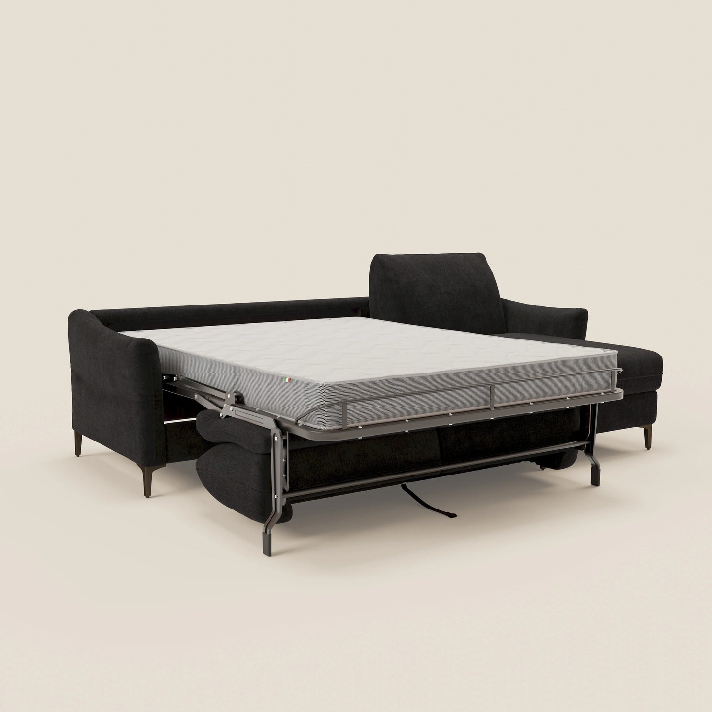 Dalia divano letto angolare con materasso alto 18 cm piedini alti e penisola contenitore in tessuto smacchiabile T17 nero