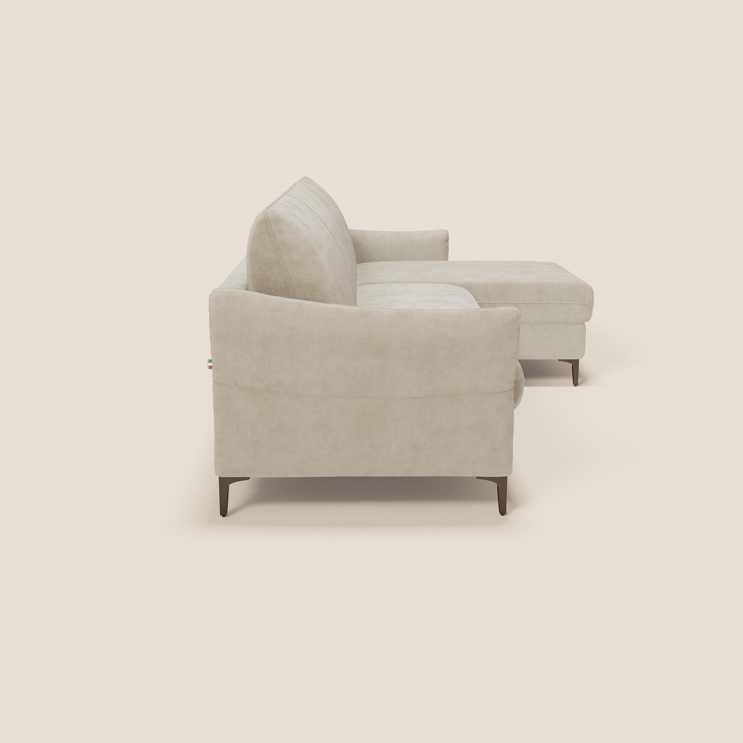 Dalia divano letto angolare con materasso alto 18 cm piedini alti e penisola contenitore in tessuto smacchiabile T17 panna