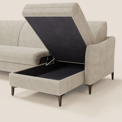 Dalia divano letto angolare con materasso alto 18 cm piedini alti e penisola contenitore in tessuto smacchiabile T17 panna