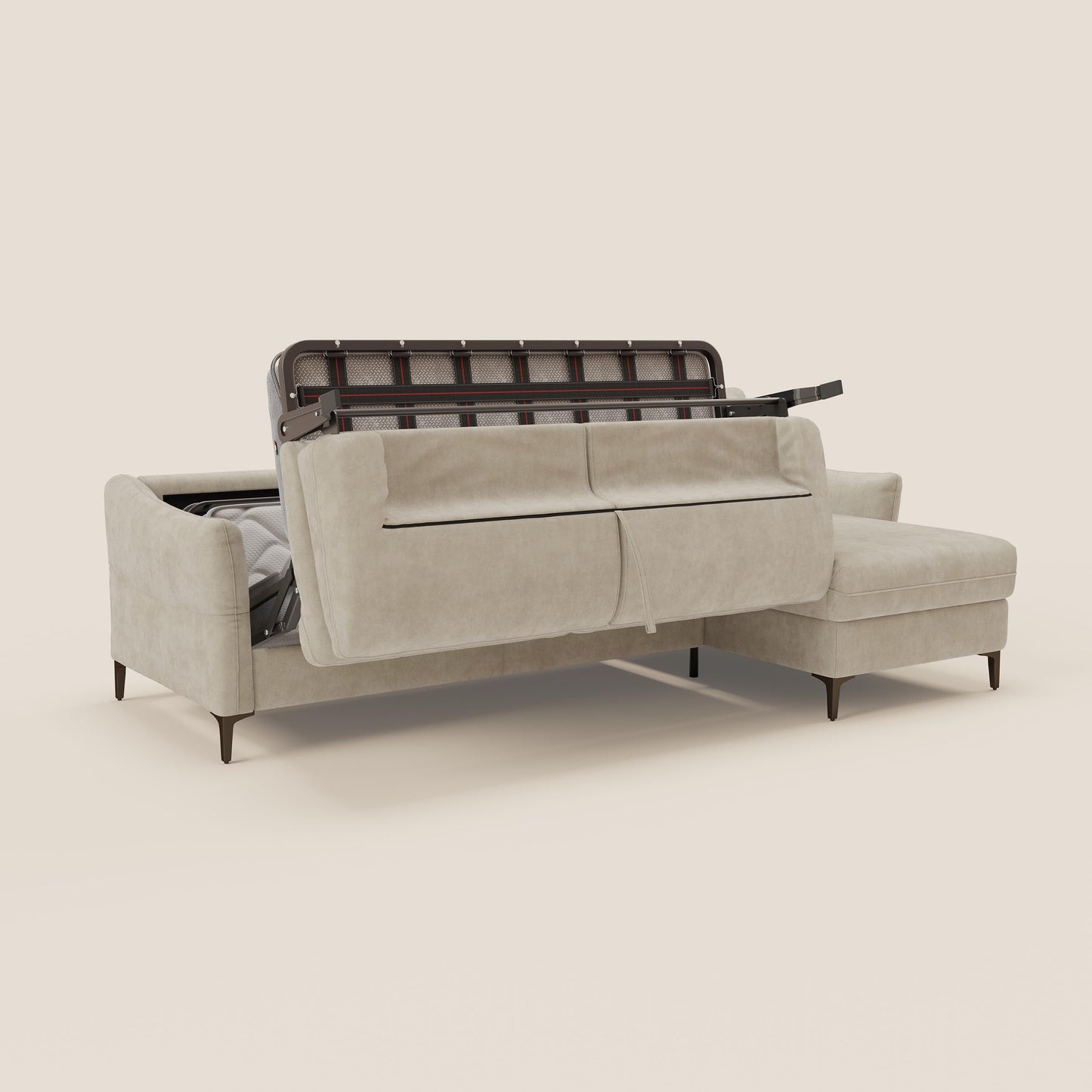 Dalia divano letto angolare con materasso alto 18 cm piedini alti e penisola contenitore in tessuto smacchiabile T17 panna