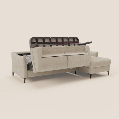 Dalia divano letto angolare con materasso alto 18 cm piedini alti e penisola contenitore in tessuto smacchiabile T17 panna