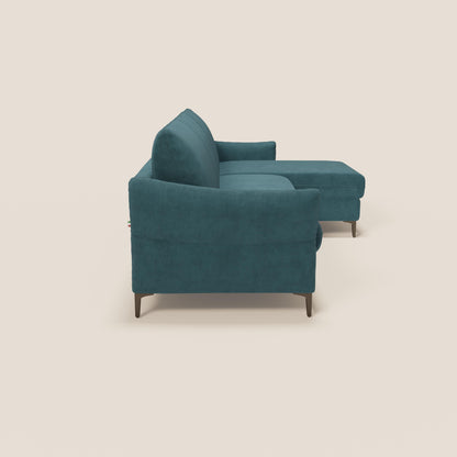 Dalia divano letto angolare con materasso alto 18 cm piedini alti e penisola contenitore in tessuto smacchiabile T17 petrolio