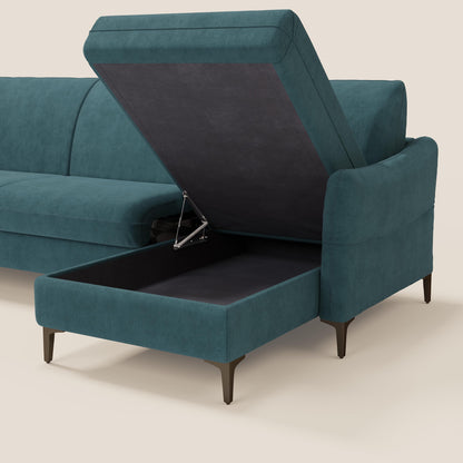 Dalia divano letto angolare con materasso alto 18 cm piedini alti e penisola contenitore in tessuto smacchiabile T17 petrolio