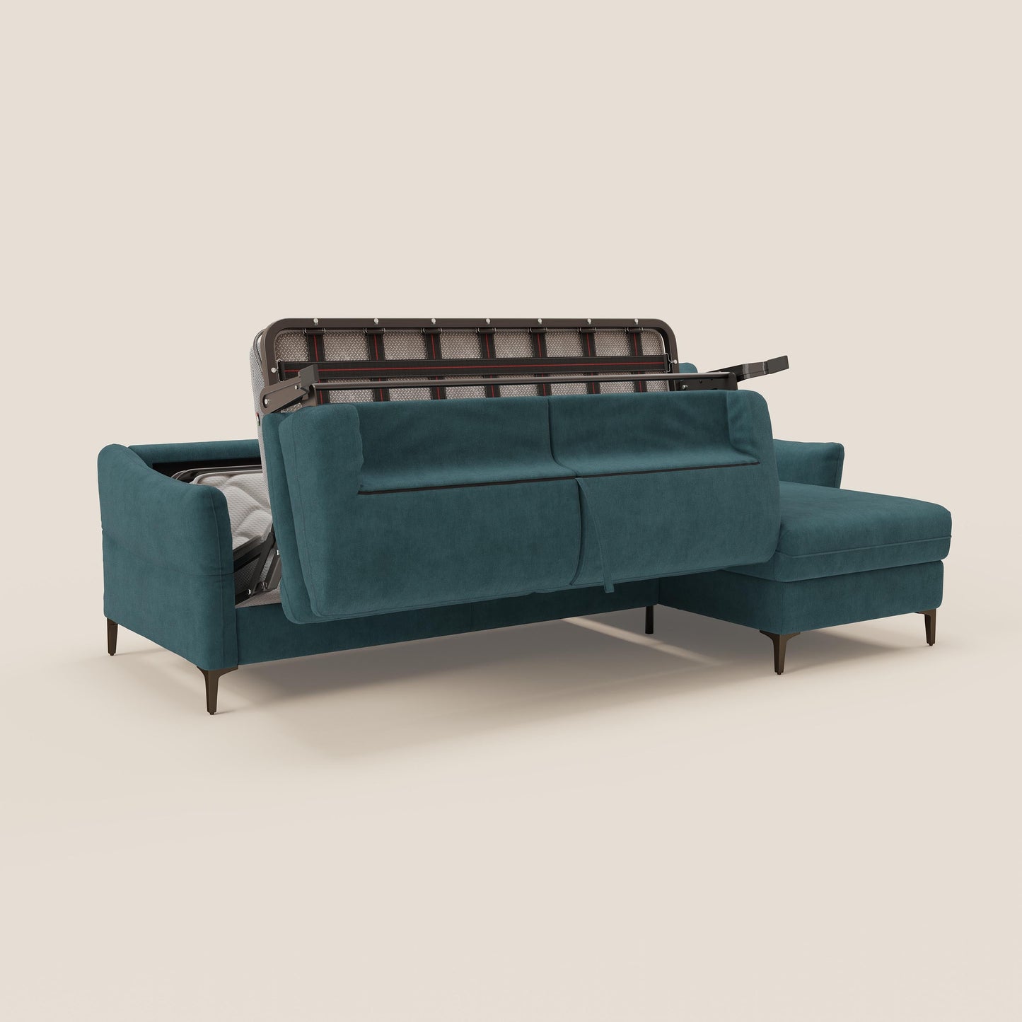 Dalia divano letto angolare con materasso alto 18 cm piedini alti e penisola contenitore in tessuto smacchiabile T17 petrolio