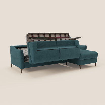 Dalia divano letto angolare con materasso alto 18 cm piedini alti e penisola contenitore in tessuto smacchiabile T17 petrolio