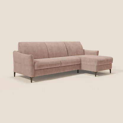 Dalia divano letto angolare con materasso alto 18 cm piedini alti e penisola contenitore in tessuto smacchiabile T17 rosa