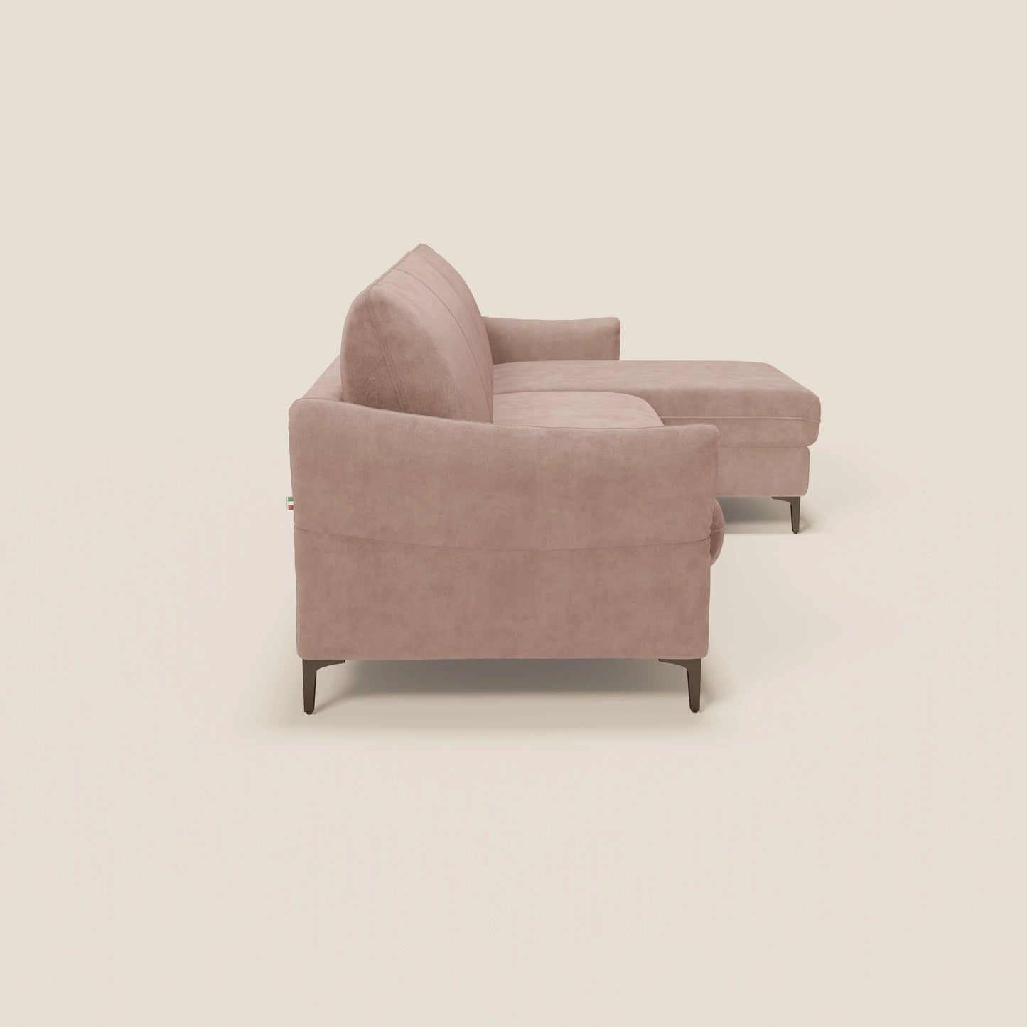 Dalia divano letto angolare con materasso alto 18 cm piedini alti e penisola contenitore in tessuto smacchiabile T17 rosa