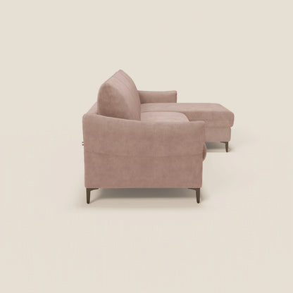 Dalia divano letto angolare con materasso alto 18 cm piedini alti e penisola contenitore in tessuto smacchiabile T17 rosa