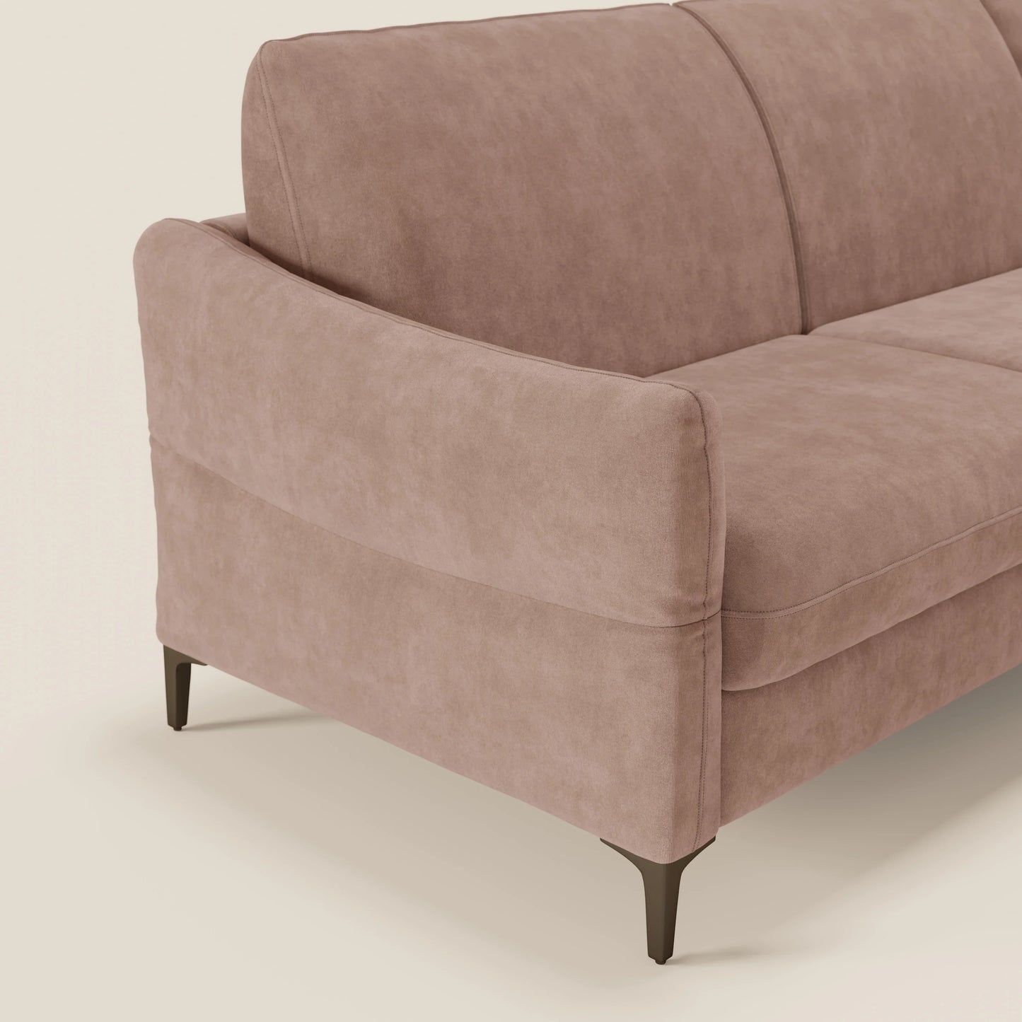 Dalia divano letto angolare con materasso alto 18 cm piedini alti e penisola contenitore in tessuto smacchiabile T17 rosa