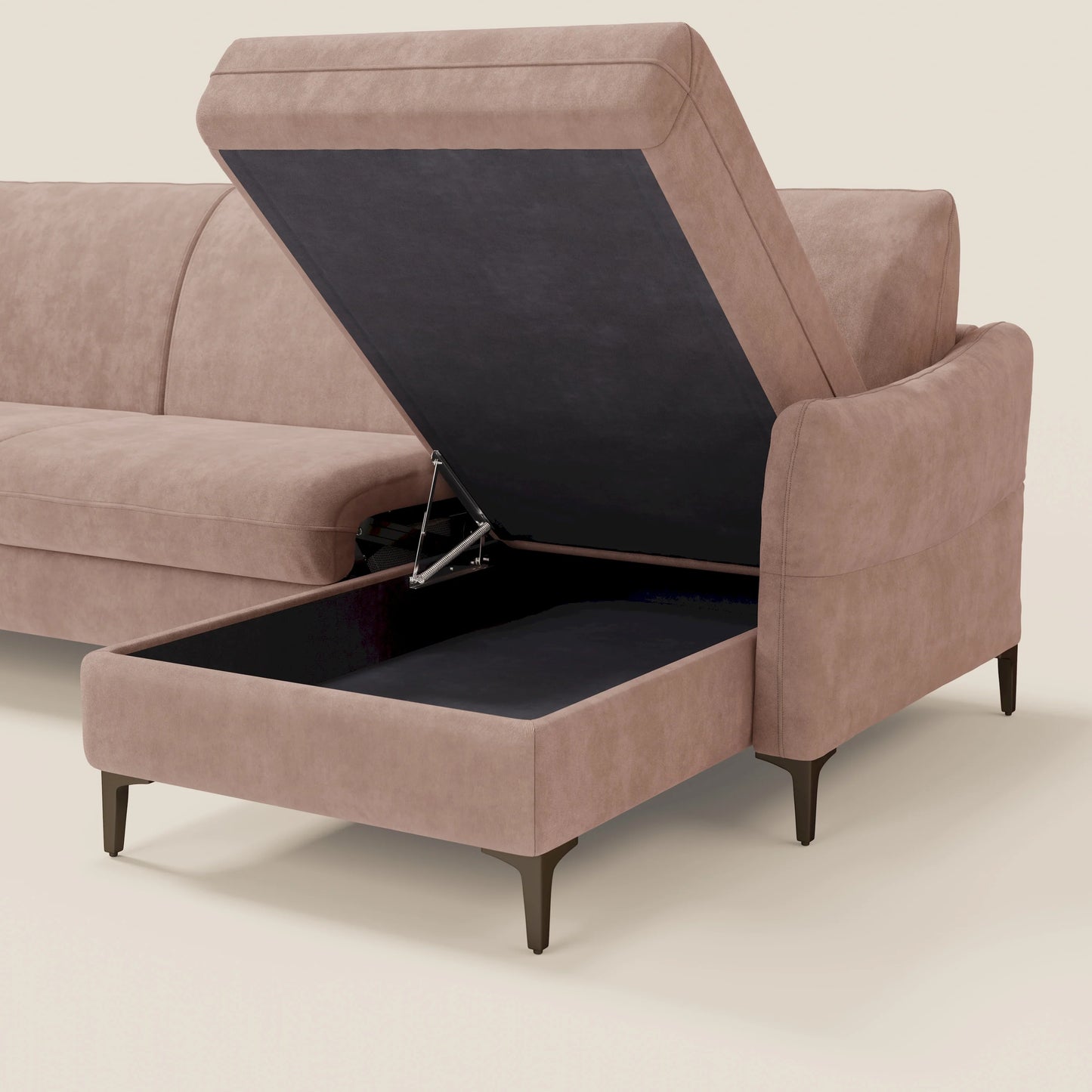 Dalia divano letto angolare con materasso alto 18 cm piedini alti e penisola contenitore in tessuto smacchiabile T17 rosa