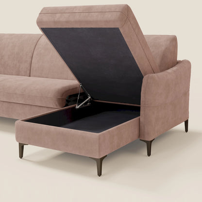 Dalia divano letto angolare con materasso alto 18 cm piedini alti e penisola contenitore in tessuto smacchiabile T17 rosa