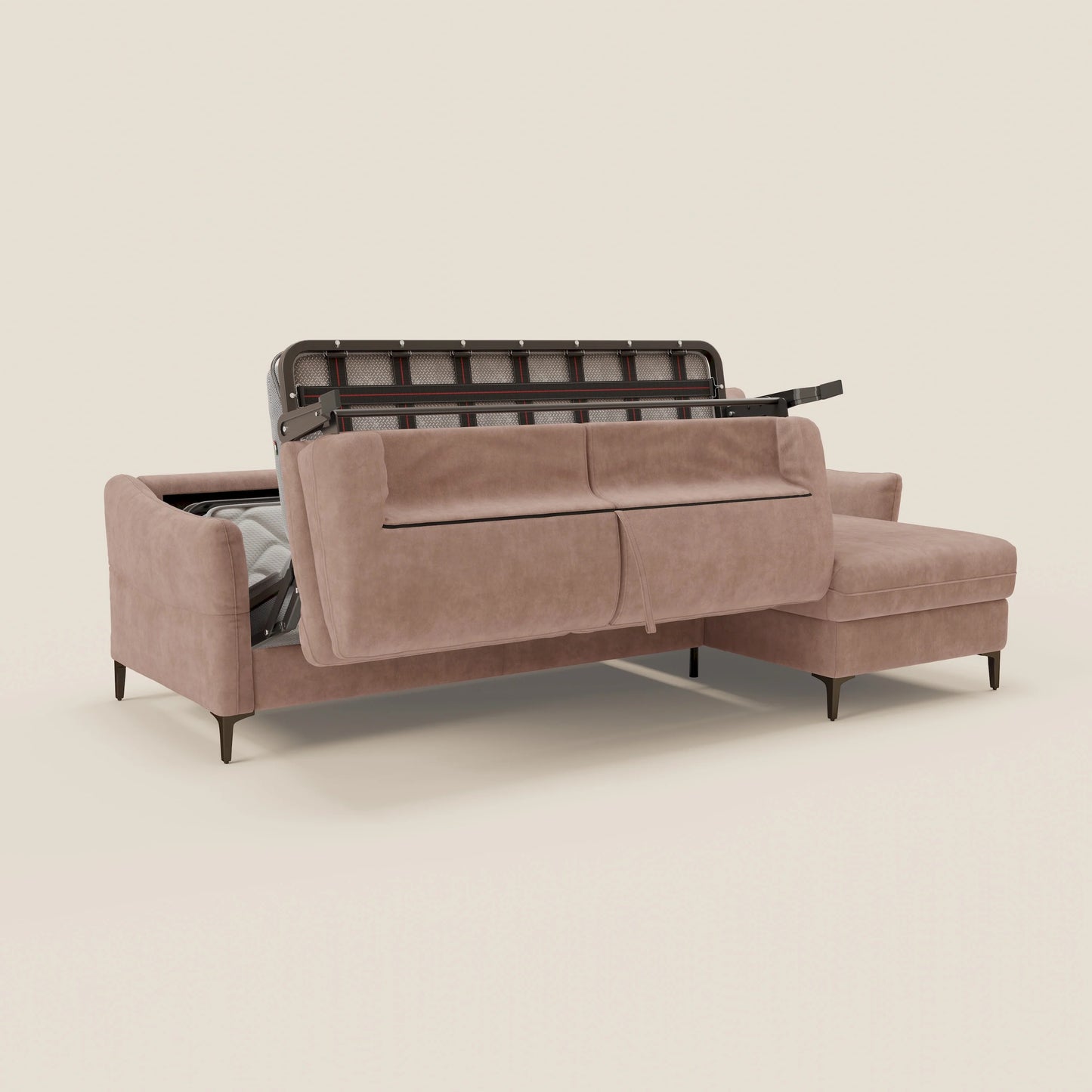 Dalia divano letto angolare con materasso alto 18 cm piedini alti e penisola contenitore in tessuto smacchiabile T17 rosa