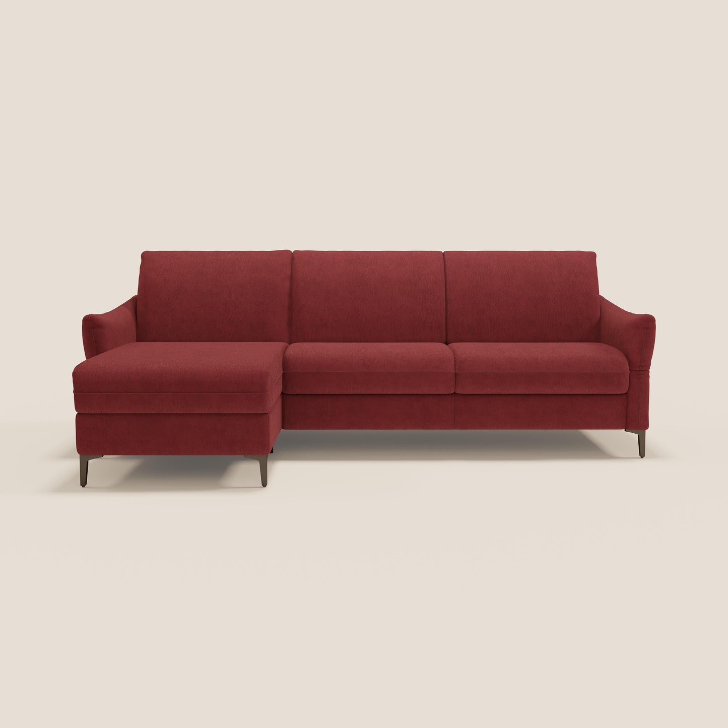 Dalia divano letto angolare con materasso alto 18 cm piedini alti e penisola contenitore in tessuto smacchiabile T17 rosso