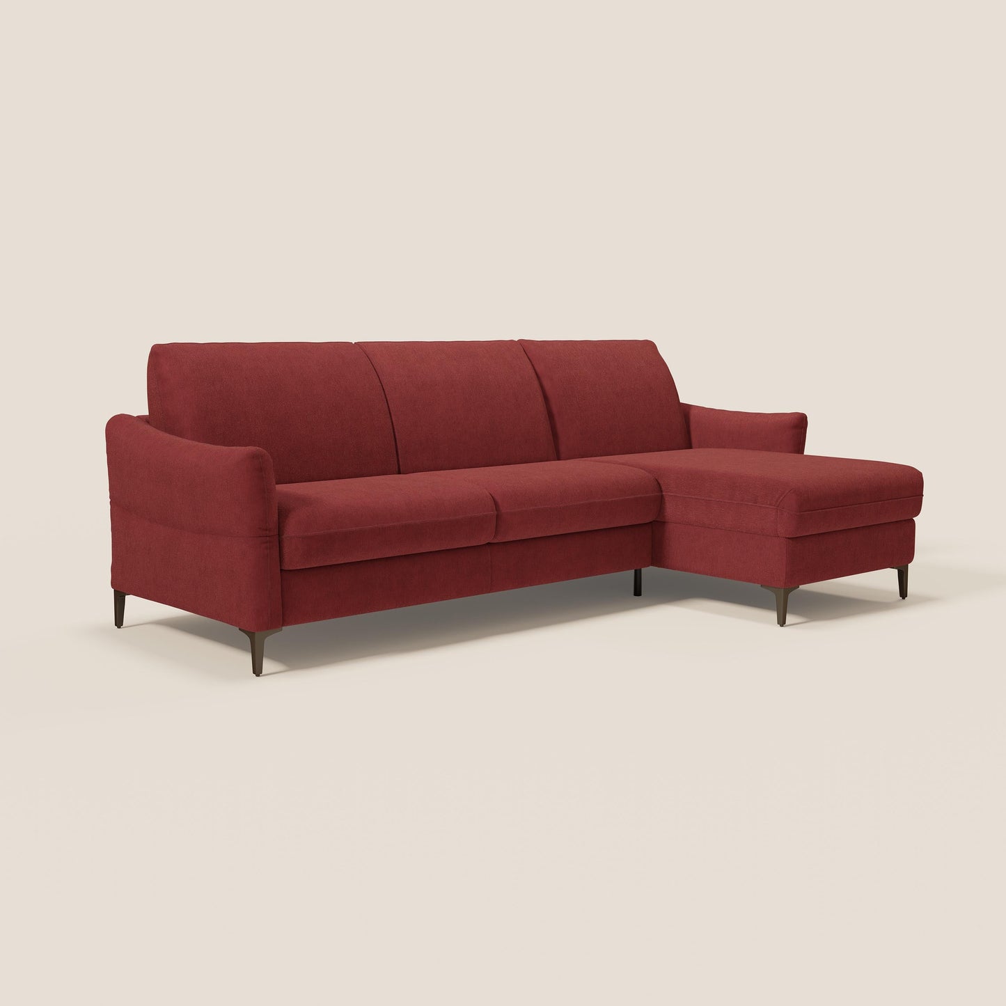Dalia divano letto angolare con materasso alto 18 cm piedini alti e penisola contenitore in tessuto smacchiabile T17 rosso