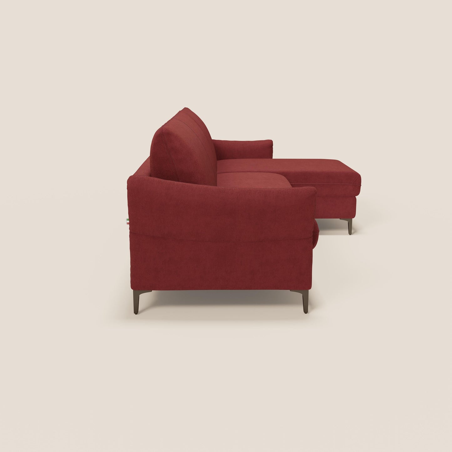 Dalia divano letto angolare con materasso alto 18 cm piedini alti e penisola contenitore in tessuto smacchiabile T17 rosso