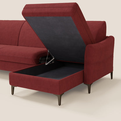 Dalia divano letto angolare con materasso alto 18 cm piedini alti e penisola contenitore in tessuto smacchiabile T17 rosso