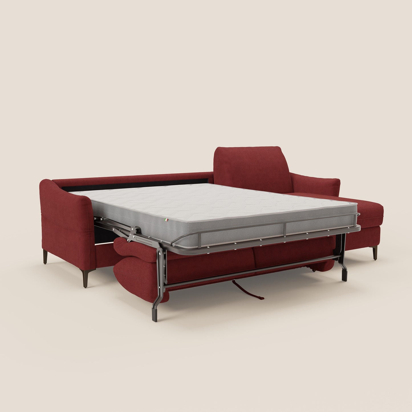 Dalia divano letto angolare con materasso alto 18 cm piedini alti e penisola contenitore in tessuto smacchiabile T17 rosso