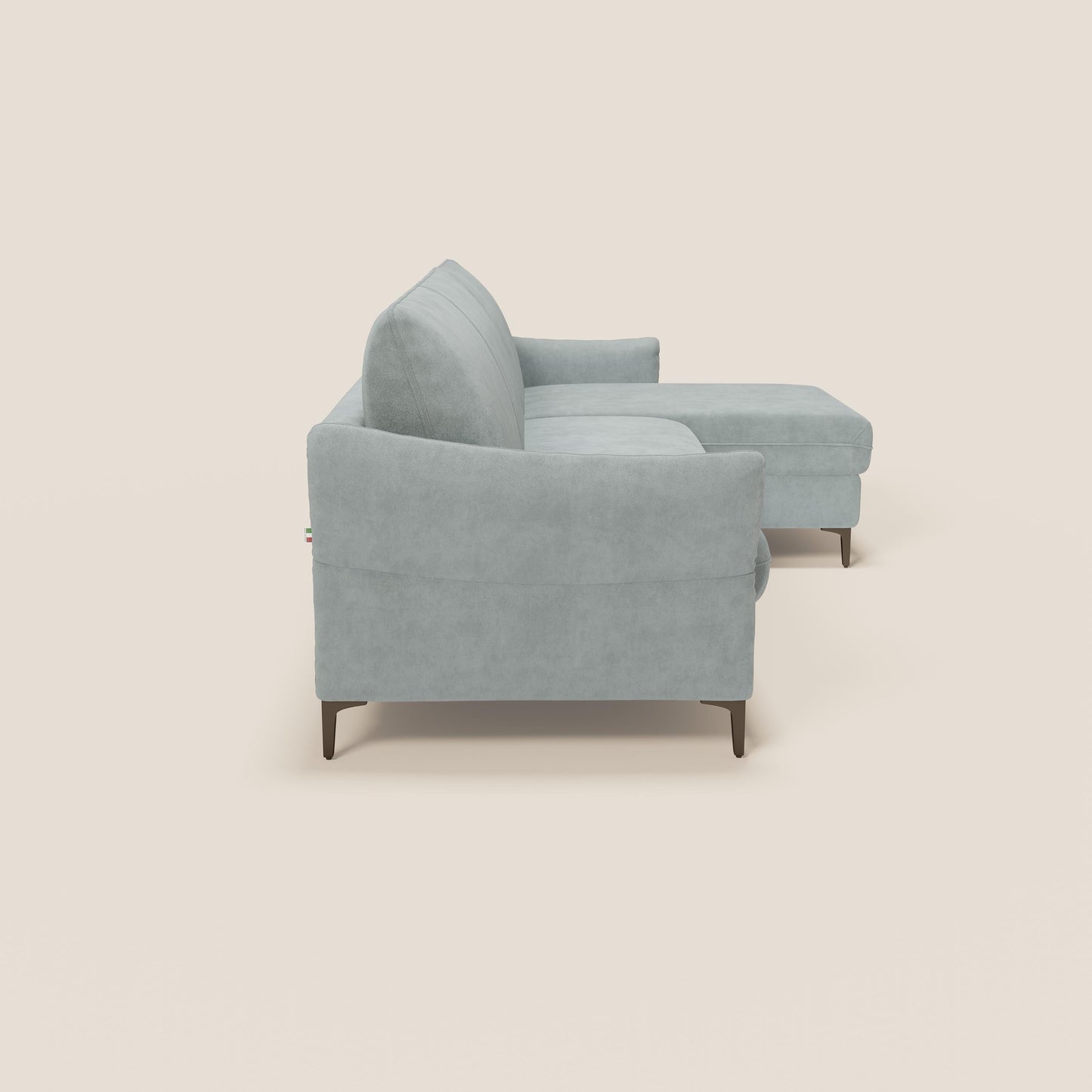 Dalia divano letto angolare con materasso alto 18 cm piedini alti e penisola contenitore in tessuto smacchiabile T17 verde acqua