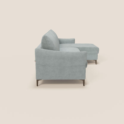 Dalia divano letto angolare con materasso alto 18 cm piedini alti e penisola contenitore in tessuto smacchiabile T17 verde acqua