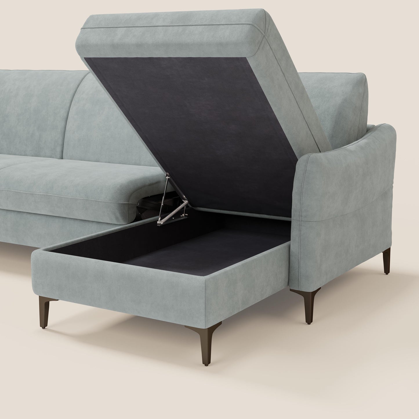 Dalia divano letto angolare con materasso alto 18 cm piedini alti e penisola contenitore in tessuto smacchiabile T17 verde acqua