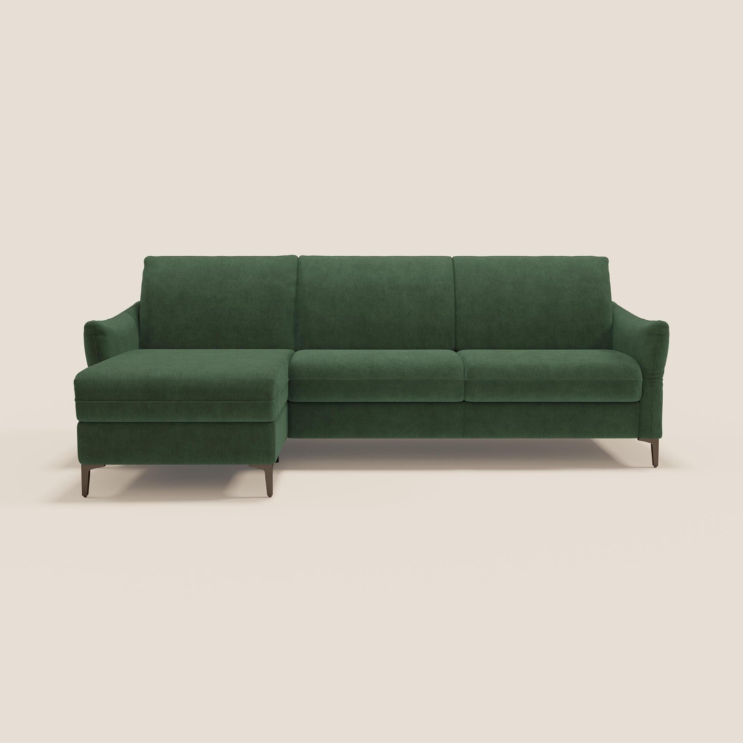 Dalia divano letto angolare con materasso alto 18 cm piedini alti e penisola contenitore in tessuto smacchiabile T17 verde