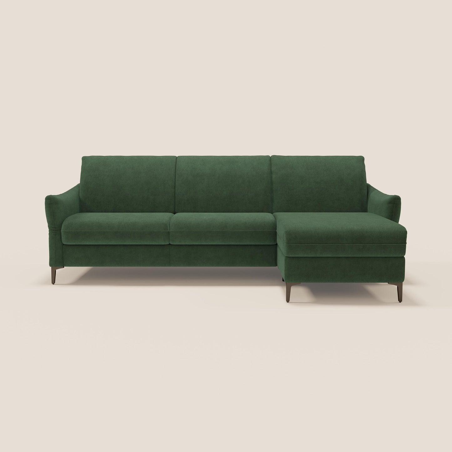 Dalia divano letto angolare con materasso alto 18 cm piedini alti e penisola contenitore in tessuto smacchiabile T17 verde