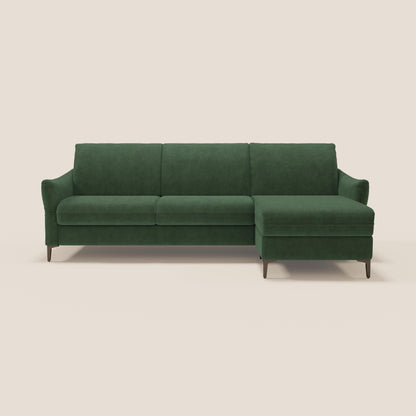Dalia divano letto angolare con materasso alto 18 cm piedini alti e penisola contenitore in tessuto smacchiabile T17 verde