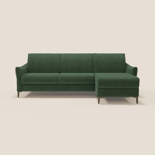 Dalia divano letto angolare con materasso alto 18 cm piedini alti e penisola contenitore in tessuto smacchiabile T17 verde