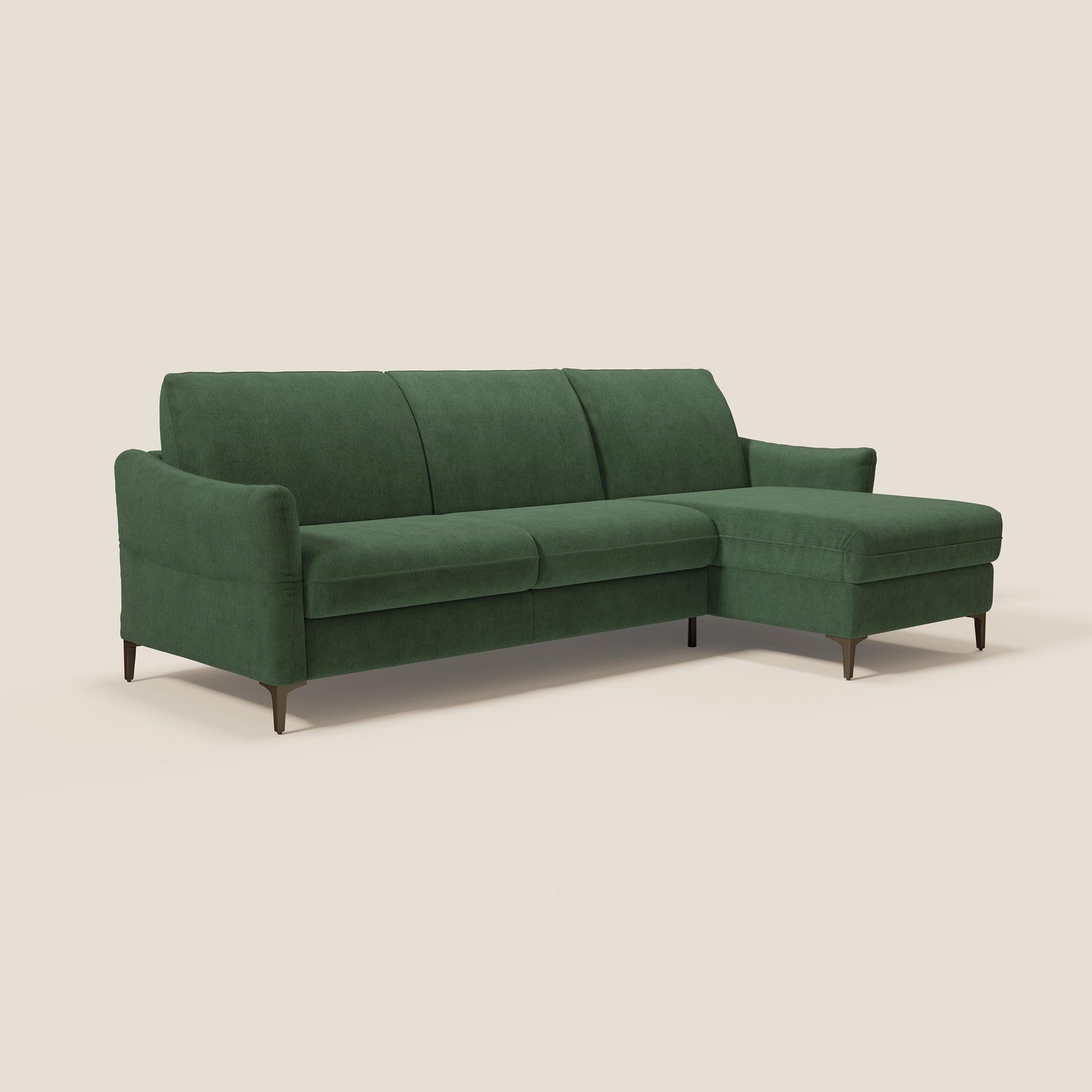 Dalia divano letto angolare con materasso alto 18 cm piedini alti e penisola contenitore in tessuto smacchiabile T17 verde