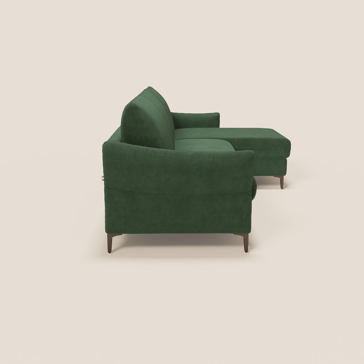 Dalia divano letto angolare con materasso alto 18 cm piedini alti e penisola contenitore in tessuto smacchiabile T17 verde