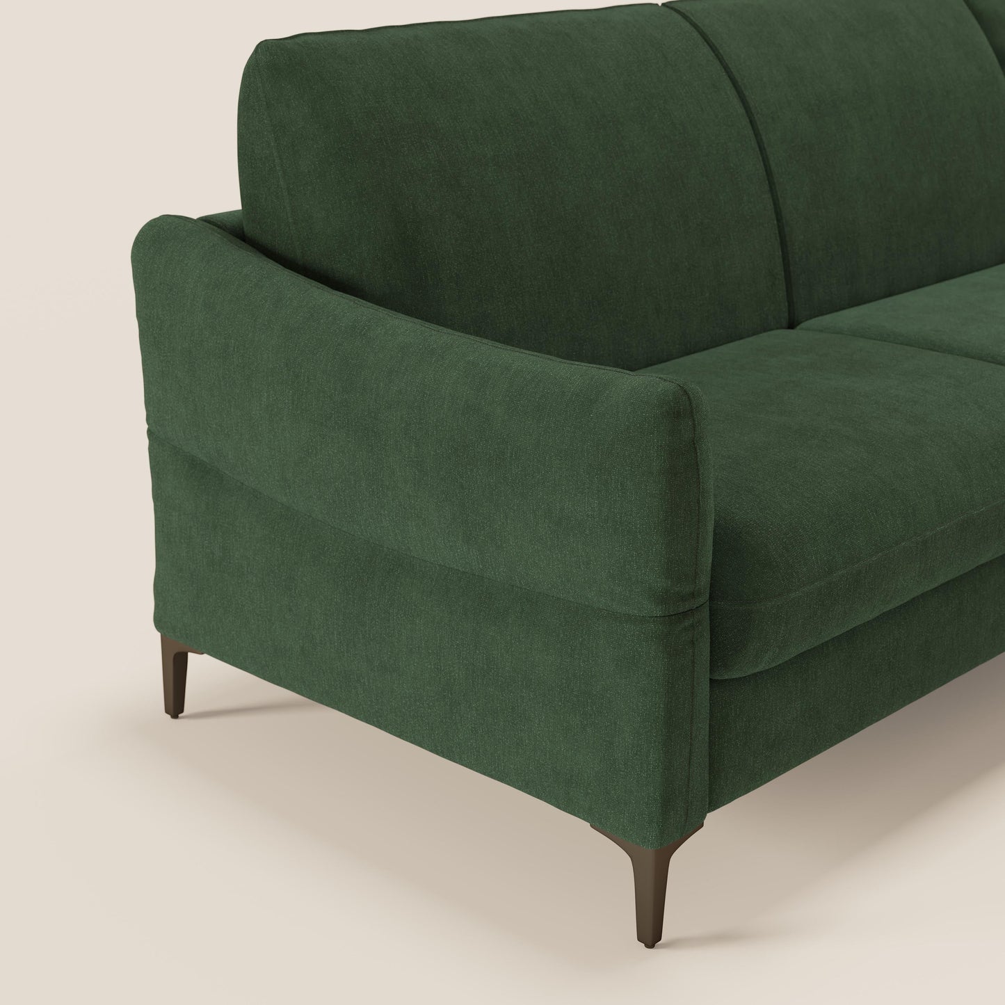 Dalia divano letto angolare con materasso alto 18 cm piedini alti e penisola contenitore in tessuto smacchiabile T17 verde