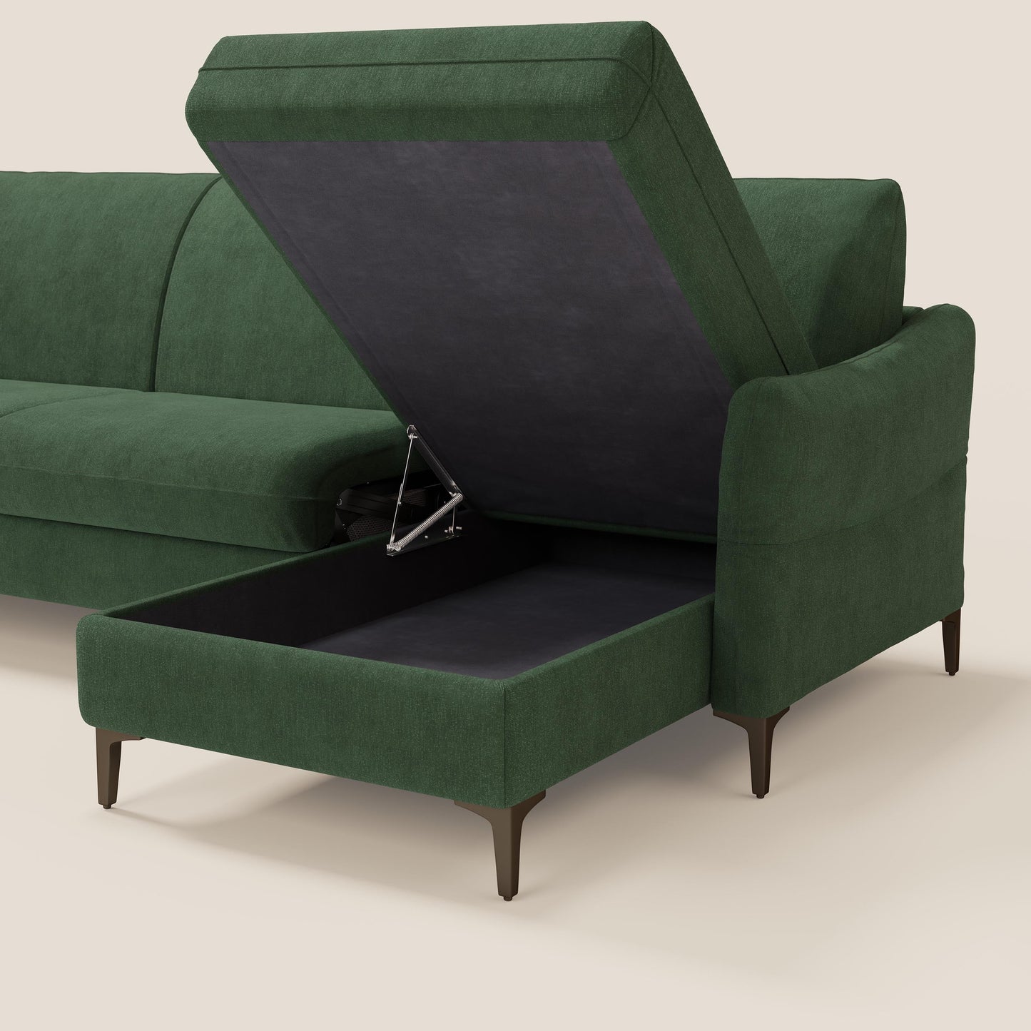 Dalia divano letto angolare con materasso alto 18 cm piedini alti e penisola contenitore in tessuto smacchiabile T17 verde