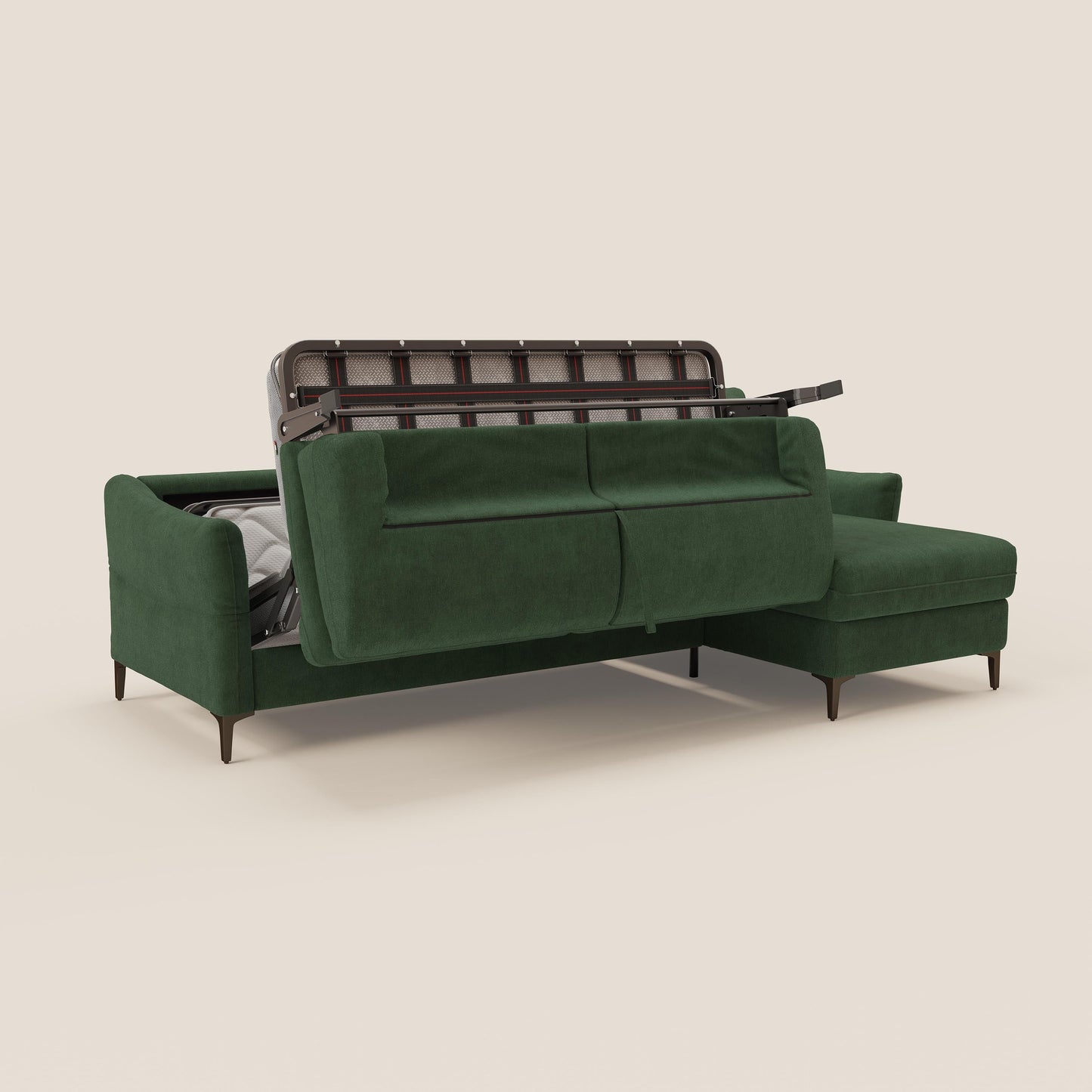 Dalia divano letto angolare con materasso alto 18 cm piedini alti e penisola contenitore in tessuto smacchiabile T17 verde